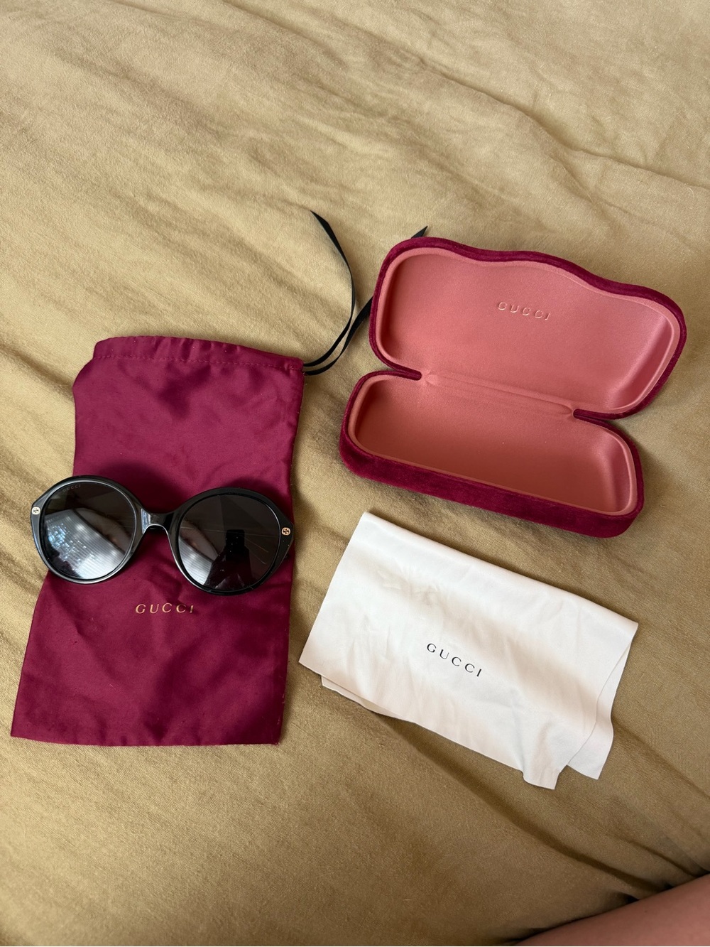 Gucci Black Round Women's Sunglasses with Burgundy Case and Pouch